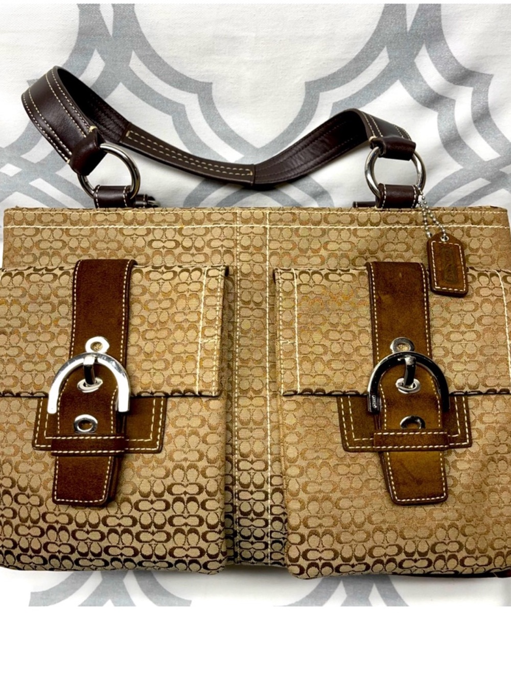 Coach Tan Signature Canvas Shoulder Bag with Brown Leather Trim with wallet